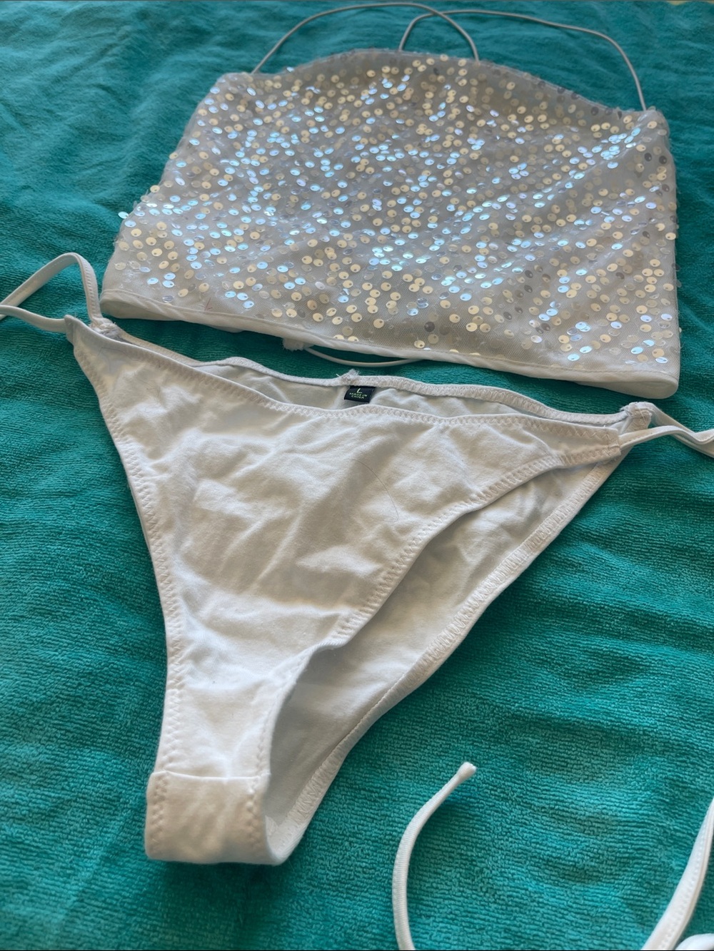 White Sequin Spaghetti-Strap Bralette & Bikini Bottom Set